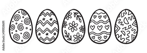 Five hand-drawn Easter eggs with various patterns like flowers, hearts, and swirls, presented in a simple black and white line art style for a festive spring holiday