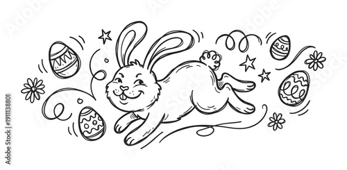 Hand drawn black and white Easter bunny jumping with joy among decorated eggs, flowers, and stars in a festive doodle style illustration for a spring holiday celebration