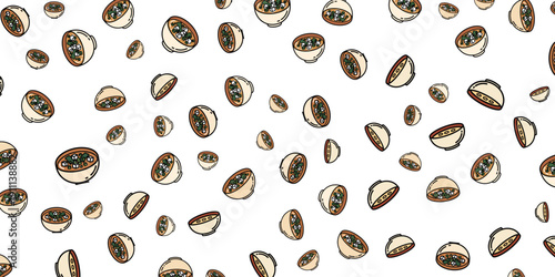 Seamless pattern of ripe pomegranate seeds scattered on a white background