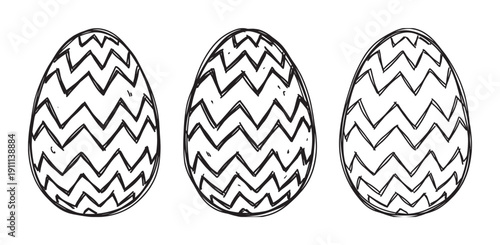 Three hand-drawn Easter eggs with a zigzag pattern are presented in a simple black and white doodle style, showcasing a festive and minimalist graphic illustration for the holiday season