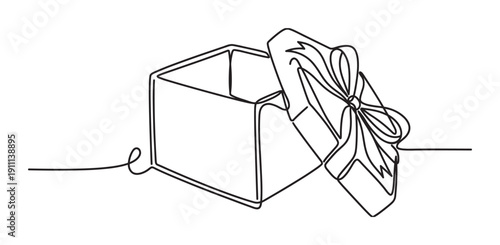 Open gift box with a ribbon bow on its lid, depicted in a minimalist continuous one-line drawing style, representing a surprise or celebration concept