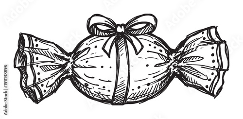 Hand-drawn black and white candy sketch in a polka dot wrapper with twisted ends and a cute bow tied on top, representing a sweet treat or a classic confectionery item