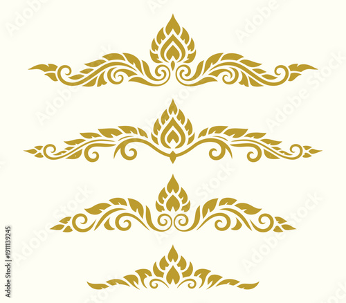 Thai Art Golden Ornament Borders and Floral Motif Elements Set, Traditional Decorative Dividers and Vintage Design Flourishes for Luxury Wedding Invitation, Branding, and Packaging Design