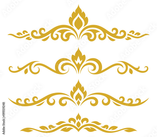 Thai Art Golden Ornament Borders and Floral Motif Elements Set, Traditional Decorative Dividers and Vintage Design Flourishes for Luxury Wedding Invitation, Branding, and Packaging Design