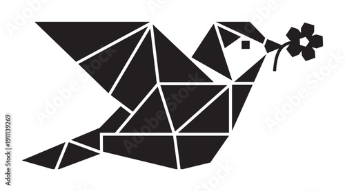 Black geometric origami style dove bird flying with a flower in its beak, representing a modern symbol of peace, hope, and freedom in a minimalist vector illustration