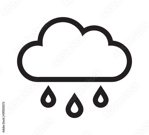 Black line icon of a rain cloud with three raindrops falling represents a weather forecast for precipitation, symbolizing a rainy day, storm, or downpour in a simple graphic style