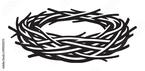 Empty bird's nest made of interwoven twigs is depicted in a bold black and white graphic illustration style, symbolizing home, nature, safety, and new beginnings