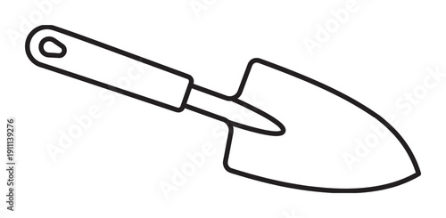 Garden hand trowel tool illustrated in a simple black and white line art style, showing the pointed blade and handle with a hole, used for digging and planting