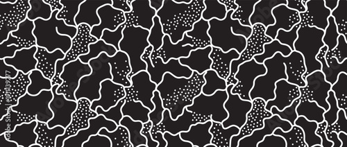 Abstract black and white seamless pattern featuring hand-drawn wavy lines and organic amoeba-like shapes with dotted textures, creating a modern and minimalist graphic design