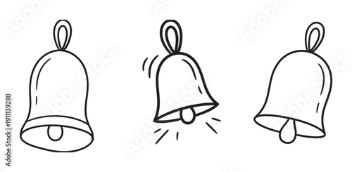 Three hand-drawn doodle style bells illustration set showing a ringing and static bell, perfect for holiday, notification, or alert icons in a simple line art design
