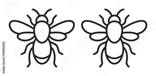 Two simple black outline bee illustrations in a minimalist icon style, showing the insects from a top-down aerial view with clean, graphic lines and a symmetrical design