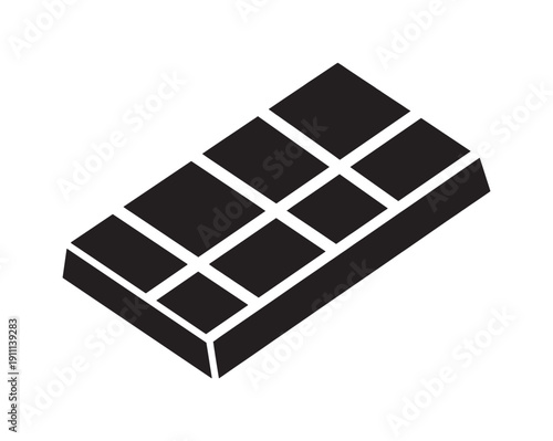 Black chocolate bar icon with eight squares shown in a simple isometric perspective, representing a sweet dessert, candy, or confectionery treat in a minimalist graphic style