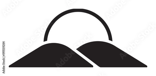 Black minimalist mountain and sun icon featuring two stylized peaks with a large arch representing a sunrise or sunset, rendered in a simple, geometric, and abstract graphic style