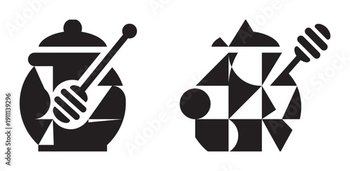 Two black and white honey pot icons with dippers presented in a minimalist graphic style, one a solid silhouette and the other an abstract geometric deconstruction of the object