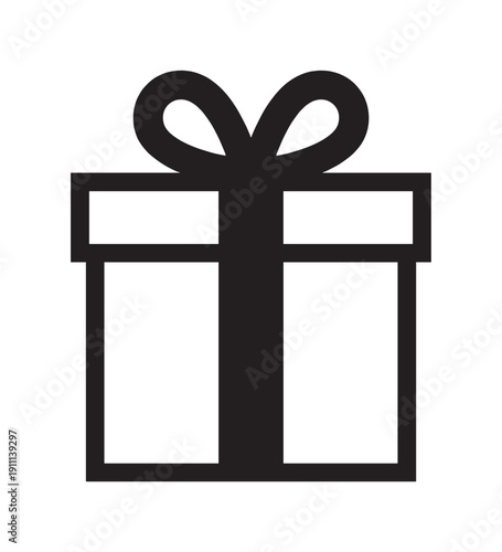 Minimalist black gift box icon with a ribbon and bow on top, representing a present for a celebration or holiday, rendered in a simple flat graphic style