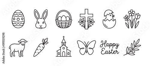 Collection of black line art Easter icons including a bunny, egg, lamb, cross, and church for the spring holiday, drawn in a simple minimalist vector illustration style