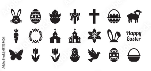 Diverse collection of black Easter silhouette icons showing a bunny, decorated eggs, a chick, a cross, a church, a lamb, and flowers for spring holiday design