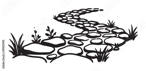 Winding stone path illustration in black and white shows a hand-drawn walkway with grass and plants, depicted in a simple, minimalist, and sketchy artistic style