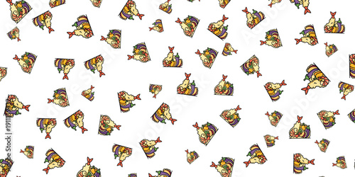 Colorful illustrations of birds scattered randomly on a seamless pattern
