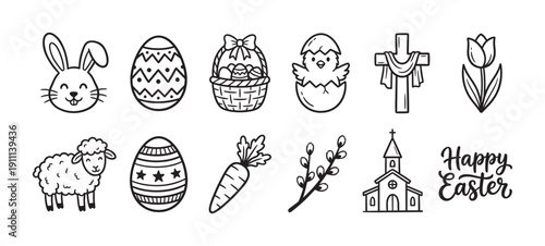 Collection of hand-drawn Easter icons featuring a bunny, decorated eggs, a hatching chick, a lamb, a cross, and a church in a simple black and white doodle line art style