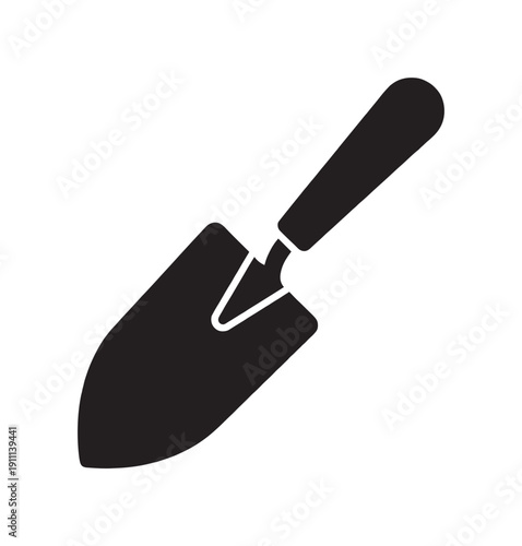 Black garden trowel silhouette icon with a short handle, depicted as a simple glyph for concepts of gardening, horticulture, agriculture, and planting in a minimalist style