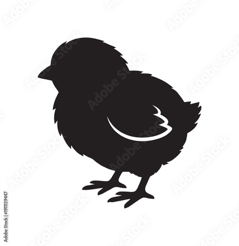 Black silhouette illustration of a cute newborn baby chick standing in profile, a simple graphic icon representing Easter, spring, and new life on the farm