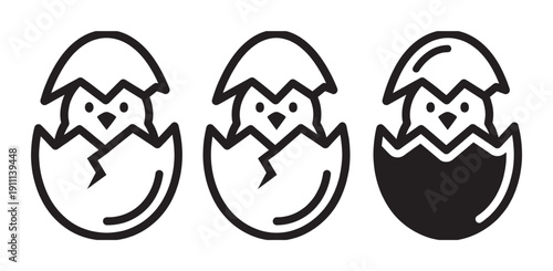 Three cute baby chick icons hatching from cracked eggs show different line art styles, including outline and solid silhouette, representing new life, birth, and Easter celebrations