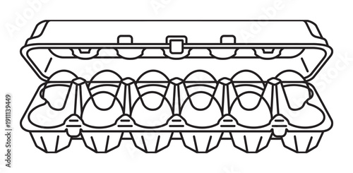 Open egg carton with a dozen eggs is depicted in a clean black and white line art style, showcasing a simple and graphic illustration of a common food container