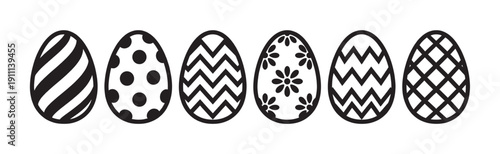 Set of six black and white Easter eggs with various decorative patterns like stripes, polka dots, chevron, and flowers in a simple graphic icon style