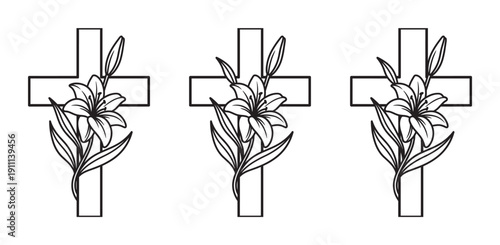 Three black and white Christian crosses decorated with elegant lily flowers, a religious symbol of faith, resurrection, and purity in a simple line art vector illustration style