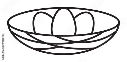 Bird's nest with three eggs depicted in a simple black and white line art style, symbolizing new beginnings, spring, nature, family, and home in a clean graphic illustration