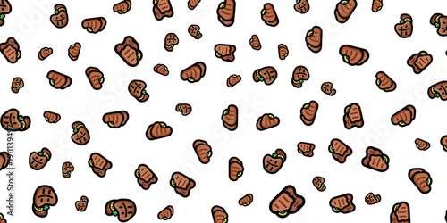 A delightful scattered pattern of cartoon-style hot dogs on a white background for food-themed designs