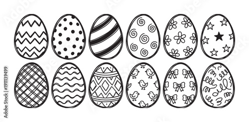 Set of twelve hand-drawn Easter eggs with various doodle patterns like stripes, dots, and flowers, presented in a simple black and white line art illustration style for coloring
