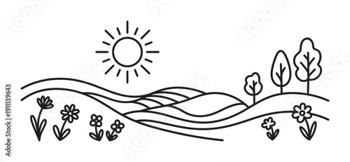Hand-drawn minimalist landscape illustration of rolling hills with simple flowers, trees, and a shining sun in a cute and simple doodle style