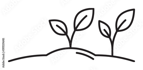 Two small plant seedlings growing from soil in a minimalist black line art style, a simple icon representing new life, nature, ecology, and sustainable growth