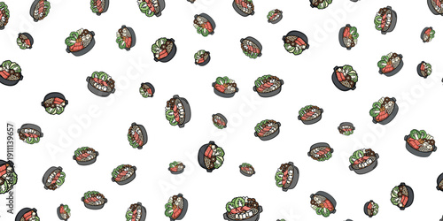 Seamless pattern of delicious mini hot dogs with fresh green toppings, high quality illustration
