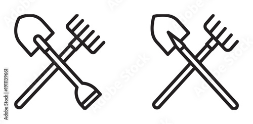 Two crossed shovel and rake icons in a simple black line art style representing gardening, farming, and manual labor, presented as a clean and minimalist vector graphic illustration