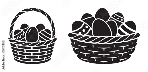 Two black silhouette Easter baskets filled with decorated eggs, a simple graphic illustration set for holiday design elements, featuring wicker containers with festive patterns