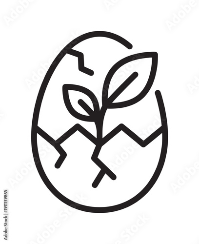 Small plant sprout with two leaves emerging from a cracked eggshell in a minimalist black line art style, representing growth, new beginnings, fresh ideas, and potential