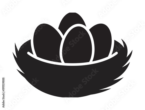 Black silhouette icon of a bird's nest with four eggs symbolizes new beginnings, family, home, and investment in a clean, minimalist graphic style for various concepts