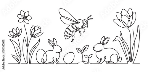 Continuous one line drawing of Easter rabbits, a bee, and spring flowers in a minimalist black and white composition celebrating the holiday season and nature's rebirth