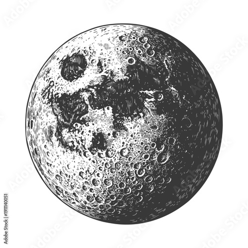 A detailed monochrome illustration of a planetary body in space