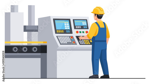 Factory worker operating cnc machine in modern manufacturing facility