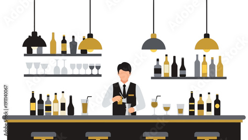 Minimalist bartender scene with modern bar interior and elegant lighting