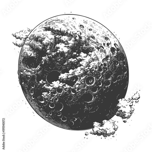 An illustration depicting a cratered moon with clouds surrounding it