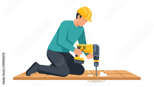 Construction worker with jackhammer drilling floor tile wearing safety gear