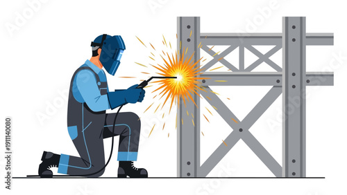 Industrial welder in action: worker using equipment for metal construction