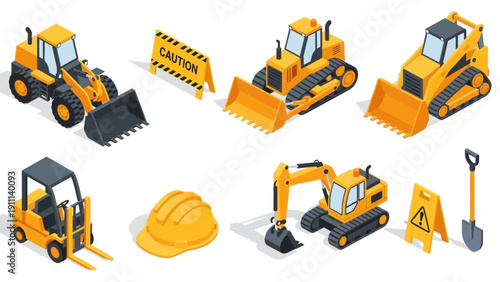 Isometric construction machines and safety gear set on white background