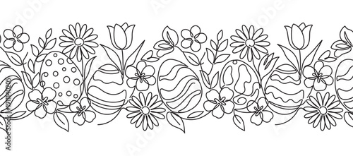 Seamless black and white line art border with decorated Easter eggs, tulips, daisies, and spring flowers, a festive hand-drawn illustration for coloring or holiday design