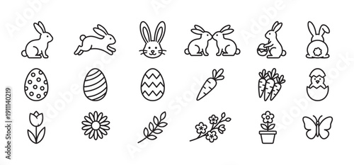 Set of black line art Easter icons featuring cute bunnies, decorated eggs, spring flowers, a hatching chick, and carrots in a minimalist, clean outline style for holiday design